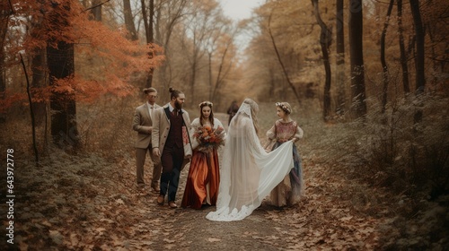 Bohemian style engaged pair in the autumnal forest  