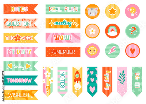 Weekly daily planner note paper sticker with to-do list, memo notice, trendy badge isolated set