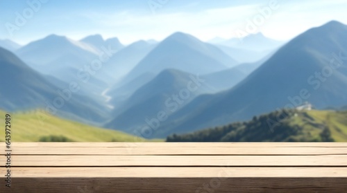 Empty wooden table with mountains in the background. For product display or showcase 
