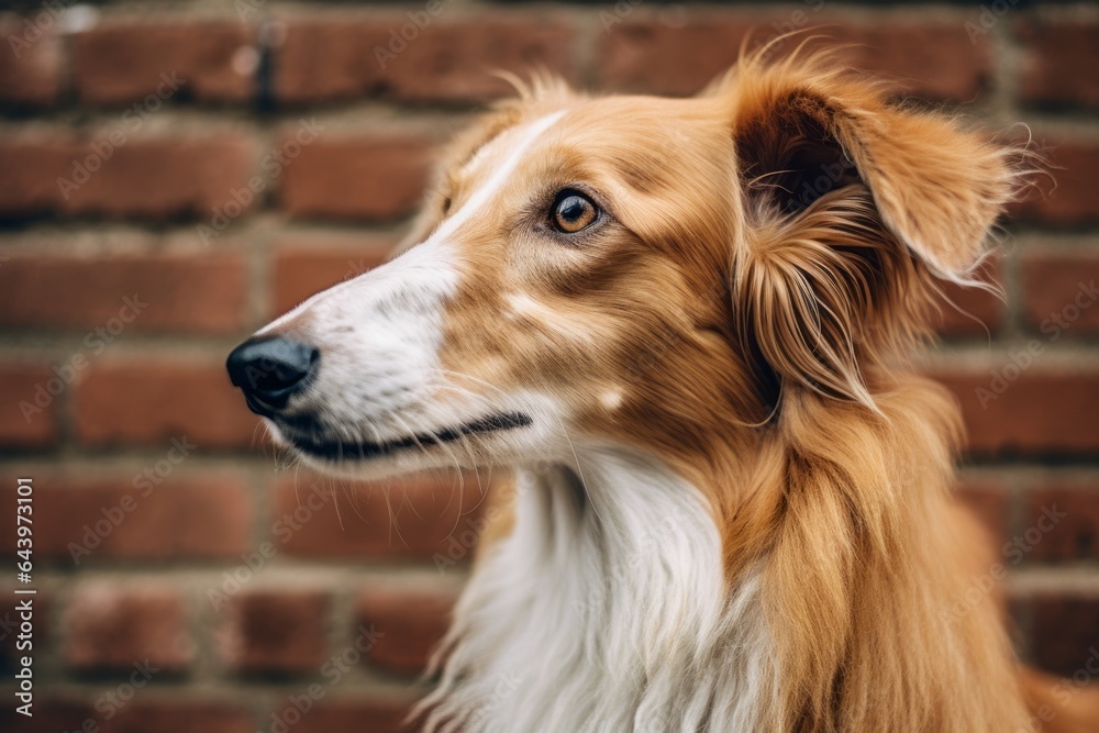 Close-up portrait photography of a cute borzoi barking wearing a cashmere sweater against a vintage brick wall. With generative AI technology Close-up portrait photography of a cute borzoi barking wearing a cashmere sweater against a vintage brick wall. With generative AI technology