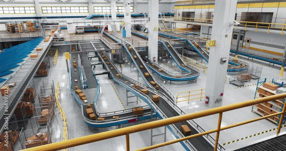 Modern Automated Logistics Warehouse with Working Conveyor Belt System with Online Shopping Orders Managed Automatically. Timelapse High Angle Dolly Footage of Parcels Transported on Conveyor Line Modern Automated Logistics Warehouse with Working Conveyor Belt System with Online Shopping Orders Managed Automatically. Timelapse High Angle Dolly Footage of Parcels Transported on Conveyor Line