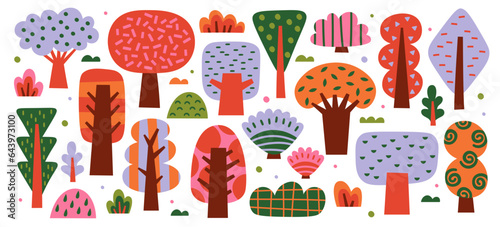 Abstract autumn tree and bush, garden, forest and park vegetation isolated doodle set on white