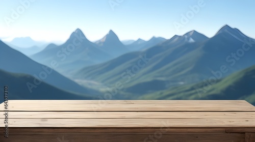 Empty wooden table with blurred mountains in the background. For product display or showcase 