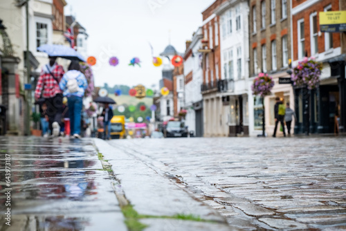 Typical British high street scene close focused with background blur