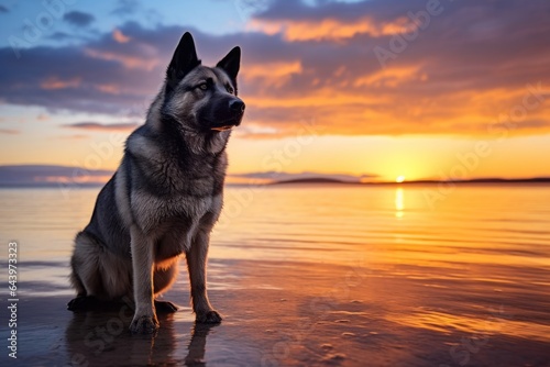 Full-length portrait photography of a curious norwegian elkhound backing up wearing a shark fin against a vibrant sunset horizon. With generative AI technology