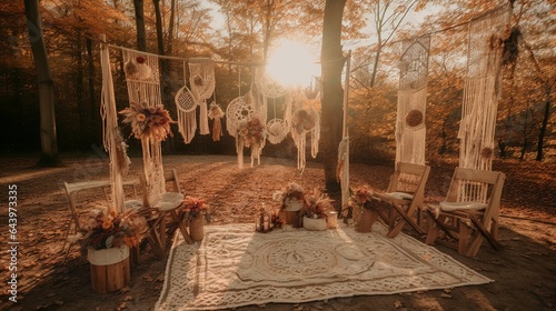 Vintage and bohemian autumn wedding decoration in the forest with macrame photo