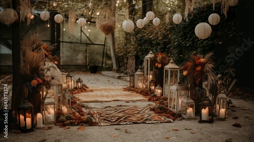 Boho fall wedding decoration with dried flowers and fallen colorful leaves 