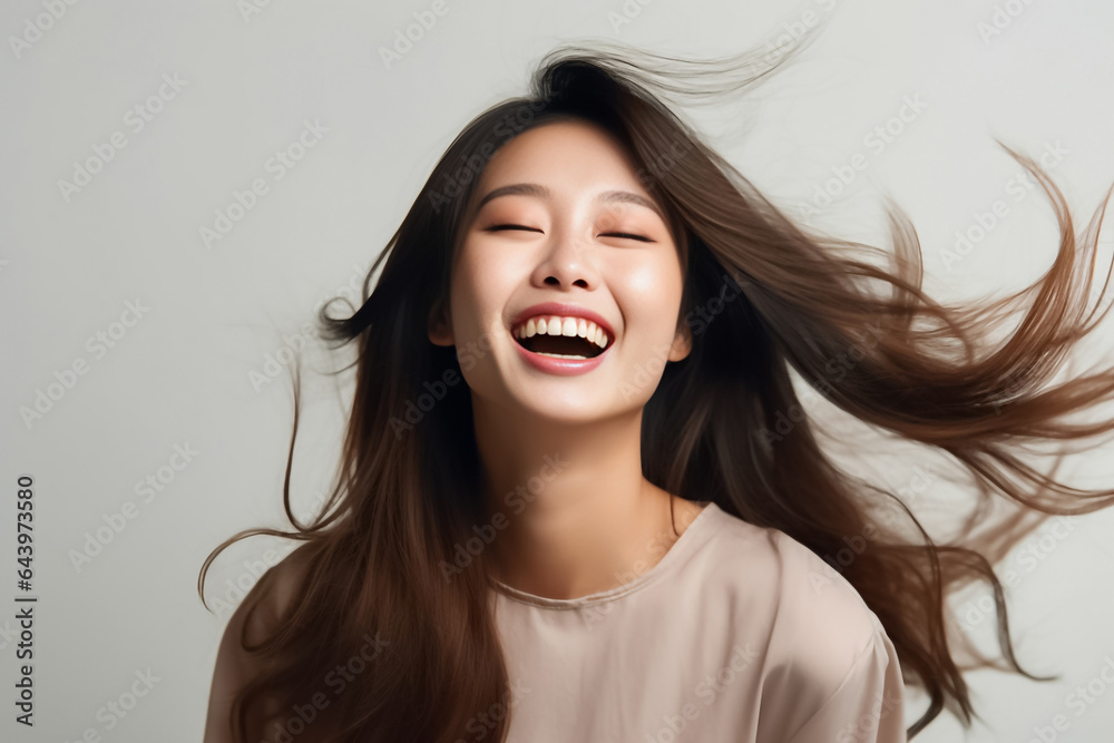 A content young woman, wrapped in earth tone attire, green gray and brown, bursts into laughter against a studio backdrop. Her carefree expression radiates warmth and comfort. Generative AI A content young woman, wrapped in earth tone attire, green gray and brown, bursts into laughter against a studio backdrop. Her carefree expression radiates warmth and comfort. Generative AI