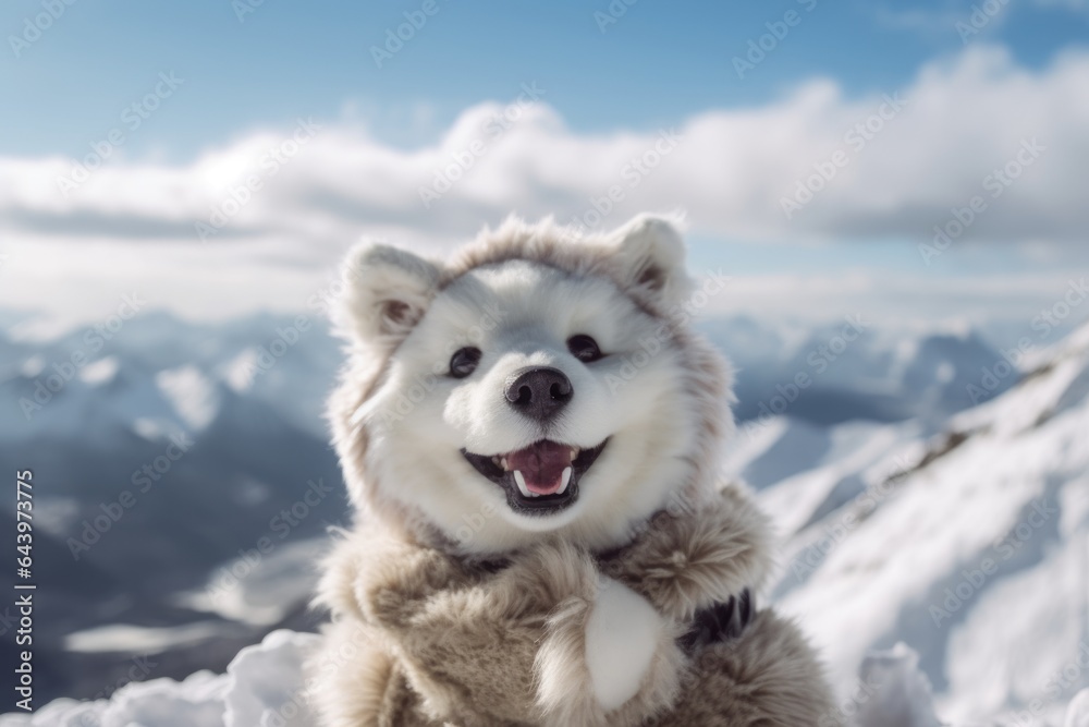 Environmental portrait photography of a smiling siberian husky whining wearing a teddy bear costume against a snowy mountain range. With generative AI technology