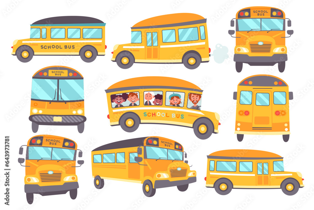 Yellow school bus front, side, back view set transport for student delivery vector illustration