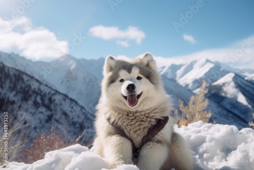 Environmental portrait photography of a smiling siberian husky whining wearing a teddy bear costume against a snowy mountain range. With generative AI technology photo