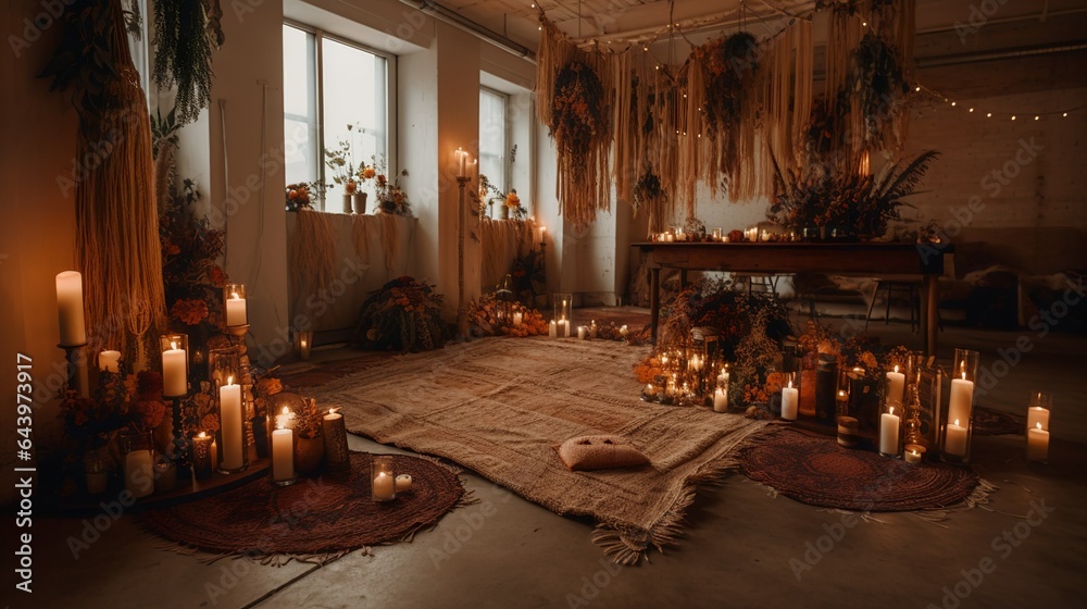 Boho style warm and cosy wedding ceremony fall decor with macrame and fallen leaves Boho style warm and cosy wedding ceremony fall decor with macrame and fallen leaves