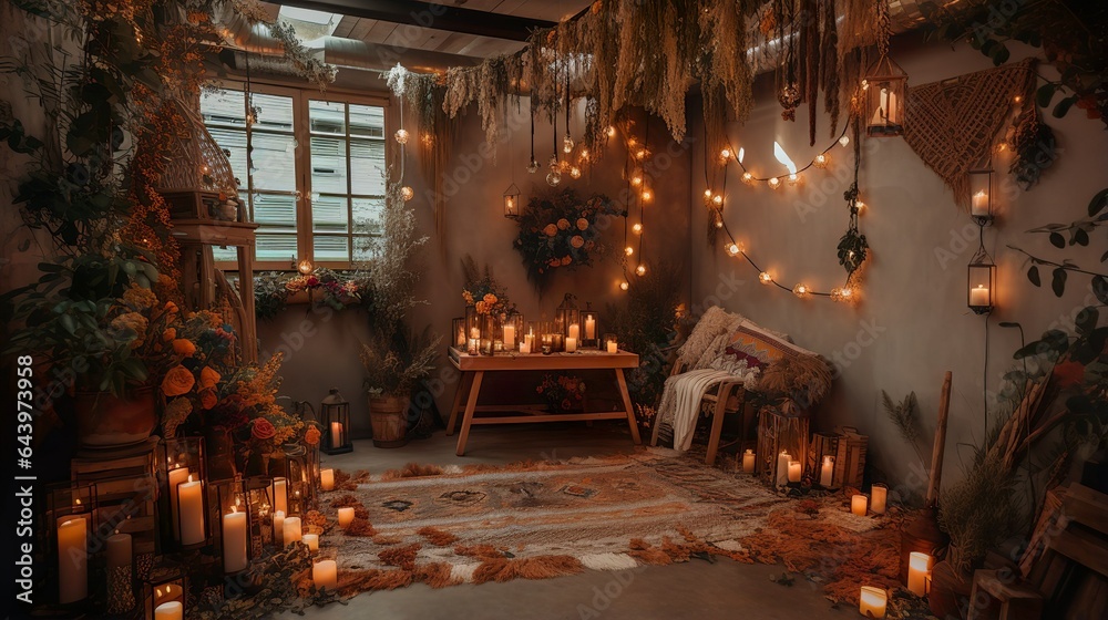 Boho style warm and cosy wedding ceremony fall decor with macrame and fallen leaves 