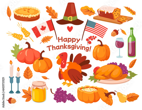 Happy thanksgiving day autumn holiday celebration party event congratulation design element set