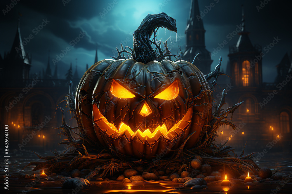 Fototapeta premium gruselig leuchtender Halloween Kürbis mit Lichteffekten. Happy Halloween. Querformat. Generative Ai.