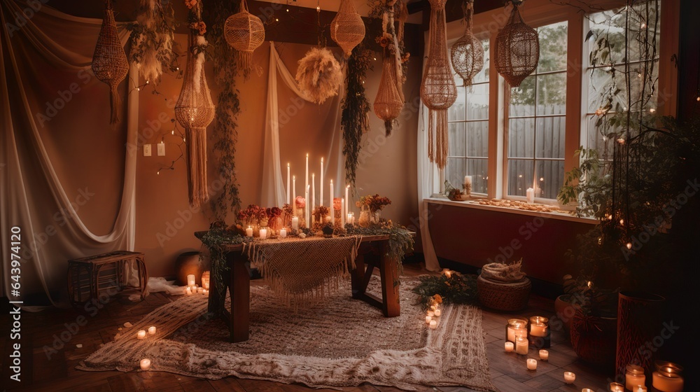 Naklejka premium Bohemian cozy wedding ceremony decor in autumn season 