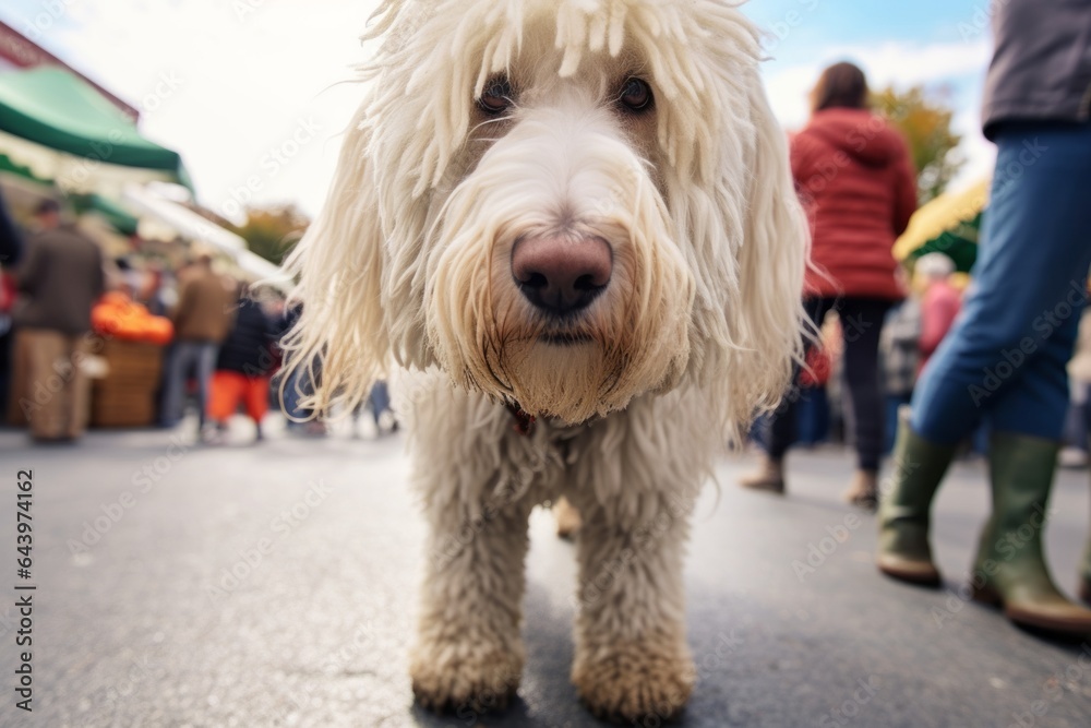 Close-up portrait photography of a curious komondor dog pouncing wearing a pair of booties against a bustling farmer's market. With generative AI technology Close-up portrait photography of a curious komondor dog pouncing wearing a pair of booties against a bustling farmer's market. With generative AI technology