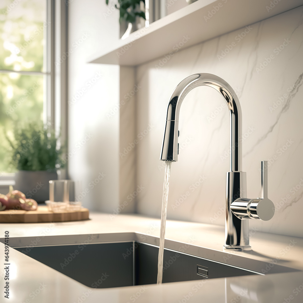 Water tap and sink in a modern kitchen interior, generative AI. Water tap and sink in a modern kitchen interior, generative AI.