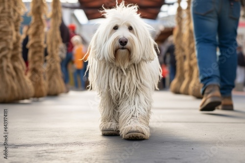 Close-up portrait photography of a curious komondor dog pouncing wearing a pair of booties against a bustling farmer's market. With generative AI technology