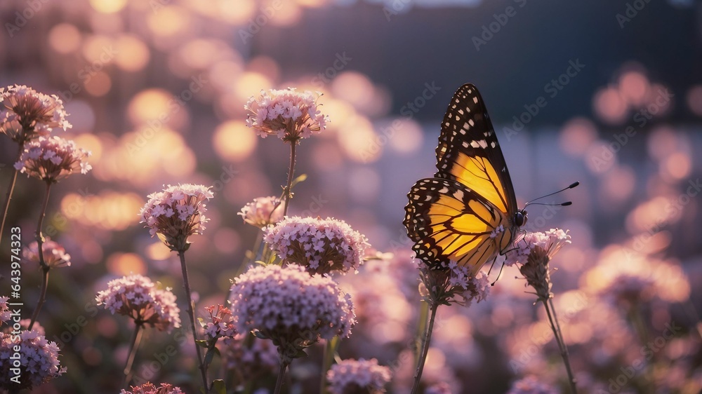 a butterfly sitting on a flower in a field of flowers at sunset a butterfly sitting on a flower in a field of flowers at sunset
