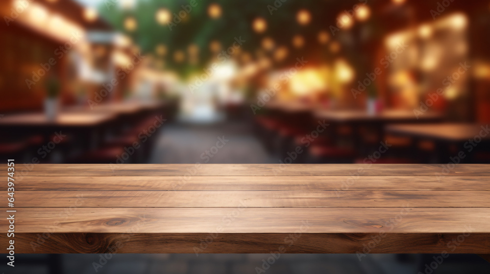 Wooden board empty table in front of blurred background