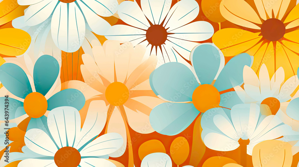 Seamless 70s Retro Style poster art with flowers, and retro colors such as orange, pale blue, yellow and greens. Background wall art. Repetitive texture.