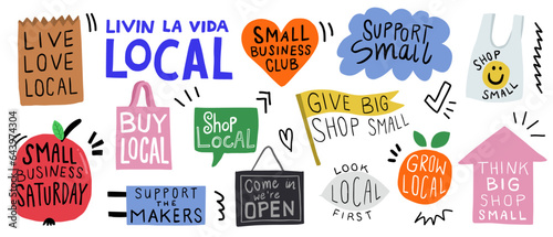 Small business club. Buy local, shop small and support local businesses. Set of hand drawn vector illustrations on white background. photo