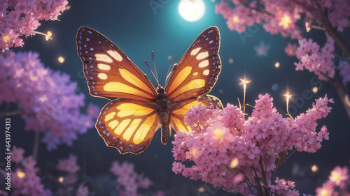a butterfly flying over a bunch of pink flowers in the night sky © akarawit