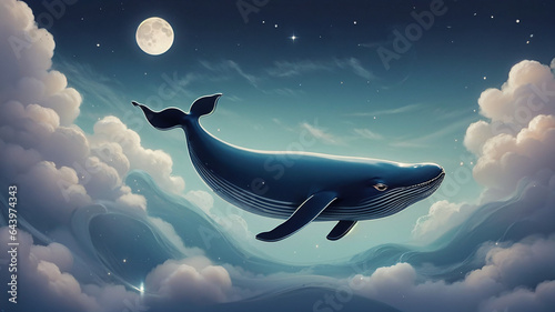 a whale floating in the sky with a moon and stars in the background