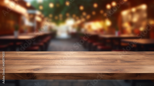 Wooden board empty table in front of blurred background