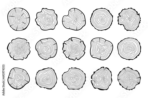 Cross section tree, wood wavy ring pattern from, trunk circle slice, lined stump isolated set