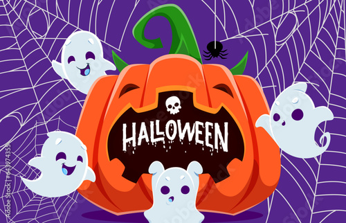 Halloween pumpkin and kawaii ghosts between cobweb. Vector festive banner with cute white sheet spooks flying around jack lantern face creating a charming and spooky atmosphere for holiday celebration