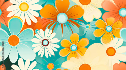 Seamless 70s Retro Style poster art with flowers, and retro colors such as orange, pale blue, yellow and greens. Background wall art. Repetitive texture.