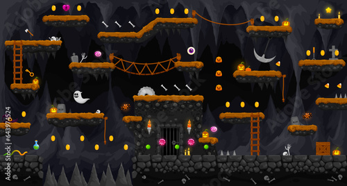 Arcade Halloween underground cave landscape game level map interface. Platforms and ghosts, sweets, stairs and coins. Vector dungeon parallax background with rocky islands, assets, obstacles, ladders