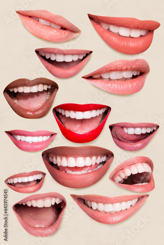 3d retro abstract creative artwork template collage of many different variety mouth lips white healthy teeth magazine sketch magazine