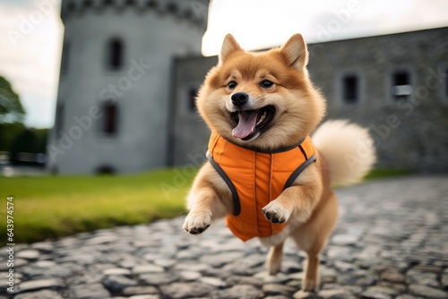 Medium shot portrait photography of a funny finnish spitz kicking after potty wearing a reflective vest against a historic castle backdrop. With generative AI technology photo