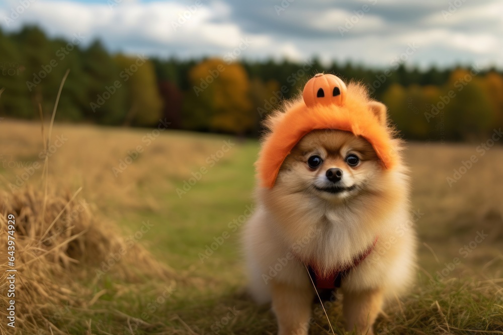 Medium shot portrait photography of a curious pomeranian tilting head wearing a halloween costume against a quiet countryside landscape. With generative AI technology Medium shot portrait photography of a curious pomeranian tilting head wearing a halloween costume against a quiet countryside landscape. With generative AI technology