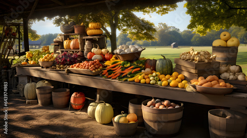 Experience the heartwarming essence of harvest time on a picturesque farm. The photography captures the bustling activity, the overflowing baskets of produce, and the warm, earthy tones.
