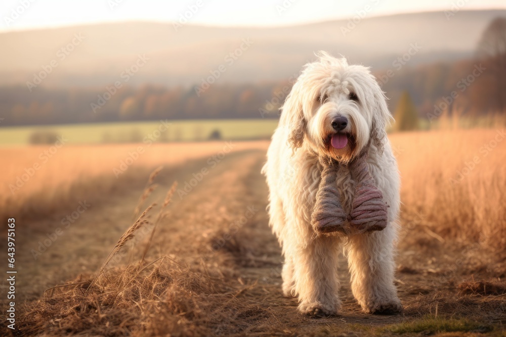 Full-length portrait photography of a cute komondor dog chewing bone wearing an anxiety wrap against a quiet countryside landscape. With generative AI technology