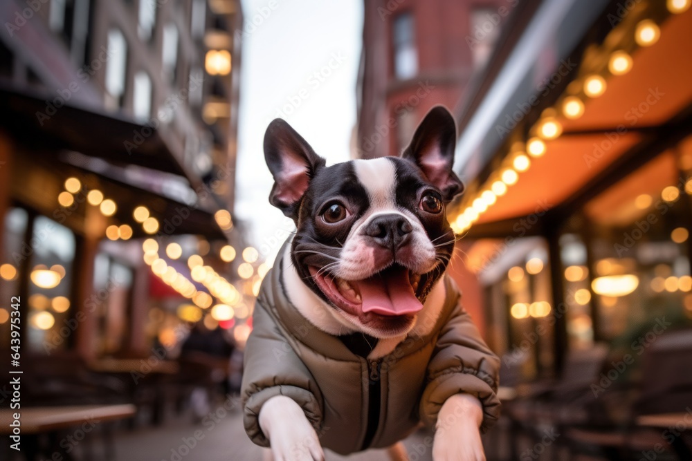 Medium shot portrait photography of a happy boston terrier leaping wearing a puffer jacket against a bustling city cafe. With generative AI technology