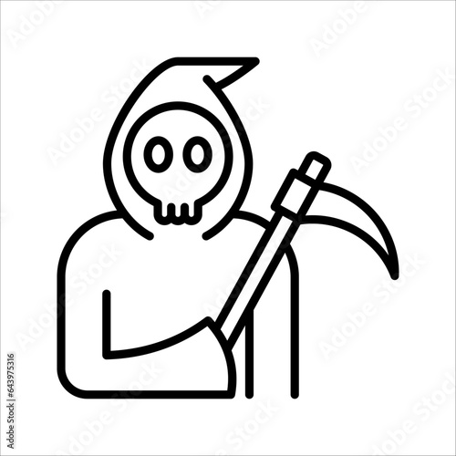 Photo Grim reaper or death with hood and skull wielding a scythe flat simple icon, vec