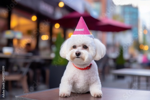 Lifestyle portrait photography of a funny bichon frise listening to music wearing a wizard hat against a bustling city cafe. With generative AI technology photo