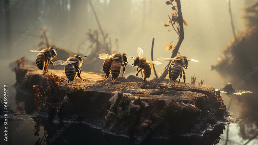 Obraz premium forest bees on a stump, wildlife bee hive, insects making honey, beautiful nature background