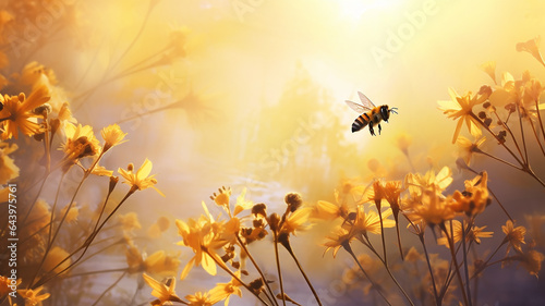 bees pollinate flowers in the morning fog of the last days of summer, landscape, silence and beauty of wildlife in early autumn © kichigin19