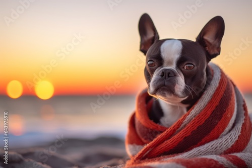 Full-length portrait photography of a cute boston terrier sleeping wearing a warm scarf against a beautiful beach sunset. With generative AI technology © Markus Schröder
