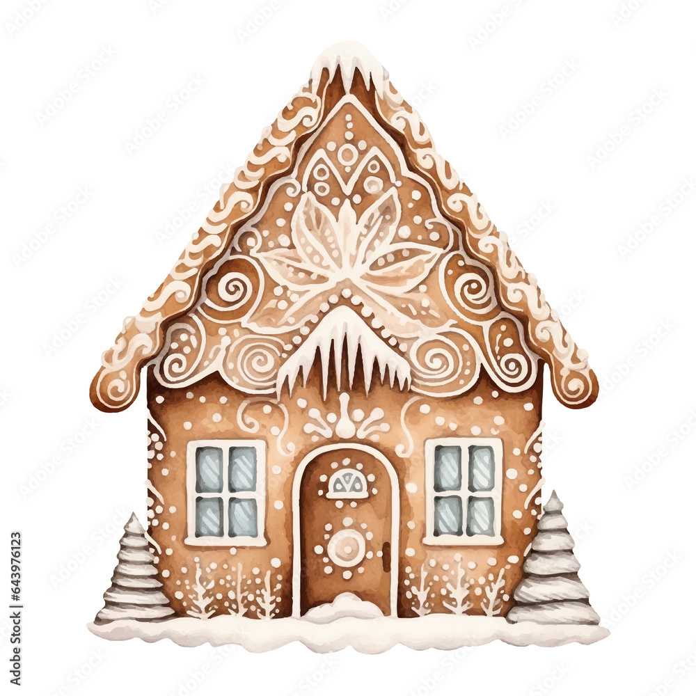 Naklejka premium Christmas gingerbread house cookie watercolor illustration, generative AI