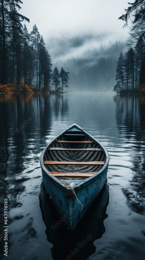 A foggy lake with a blue boat in hand and gray glove
