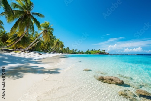 Idyllic beach with palm trees and crystal-clear waters. Generative AI
