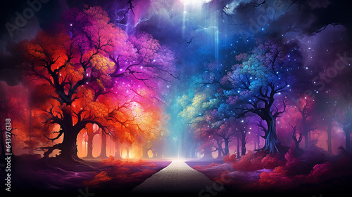 landscape in a fabulous forest  rainbow spectrum of colorful autumn trees in unusual neon lighting  fog background autumn fantasy