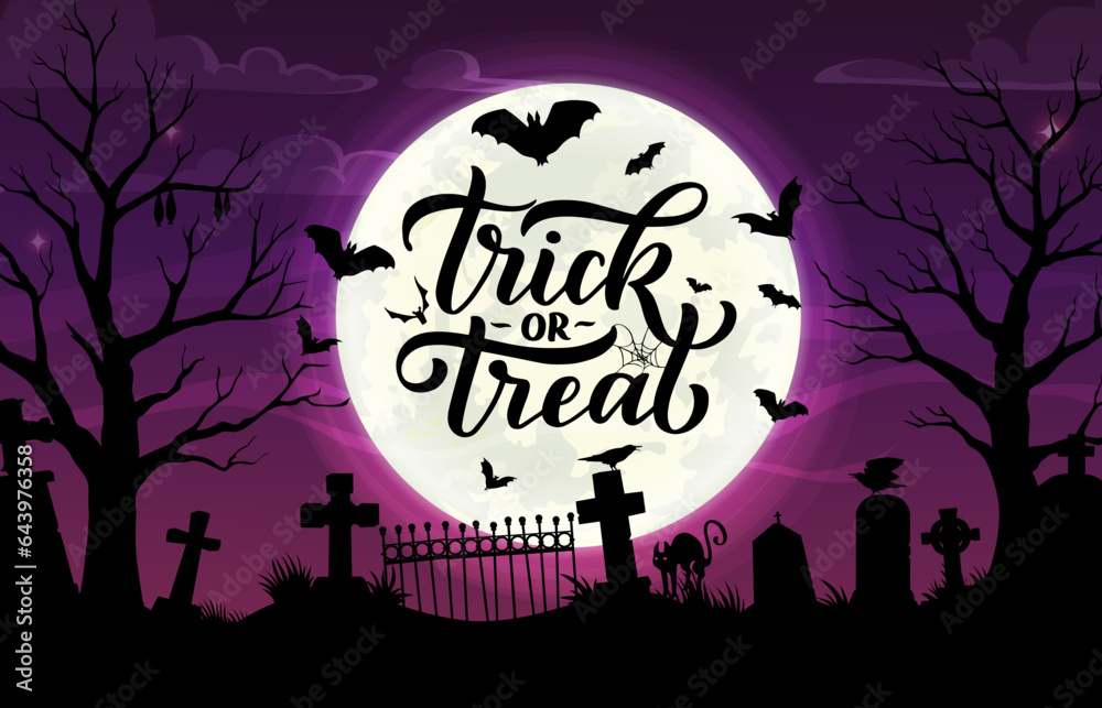 Halloween cemetery silhouette, trick or treat vector banner. Night twilight graveyard landscape with black cat, crosses, tombs, crows and scary bats under full moon. Cartoon spooky greeting card